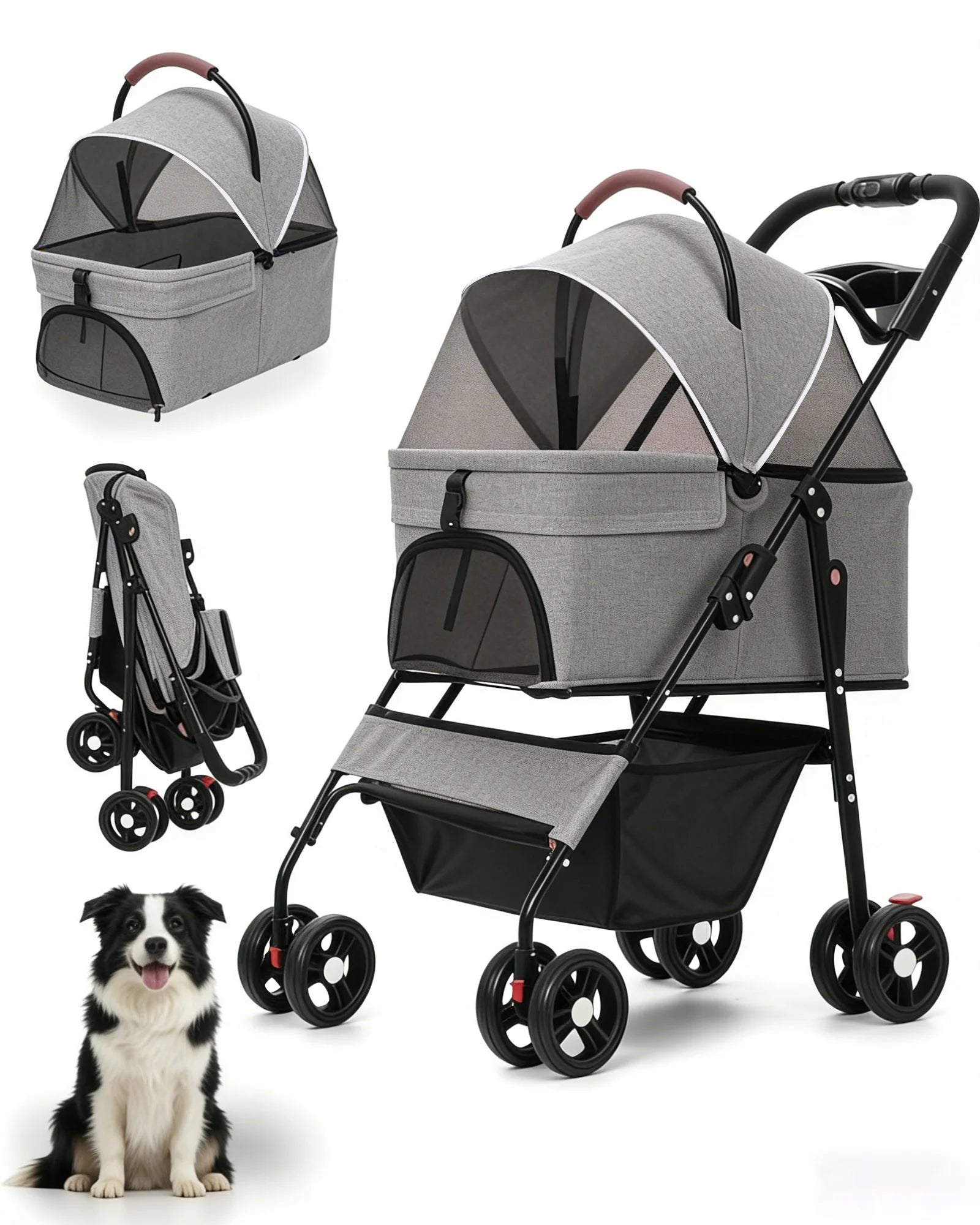 2-in-1 Foldable Pet Stroller with Detachable Carrier