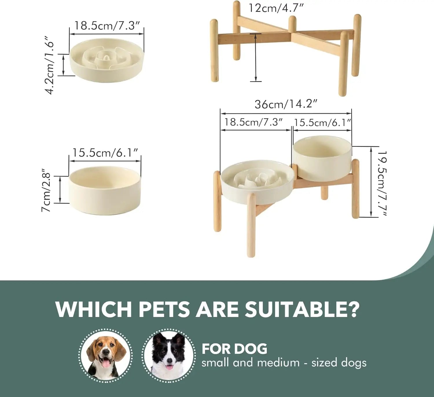 Ceramic Raised Slow Feeder Dog Bowl Set with Wooden Stand