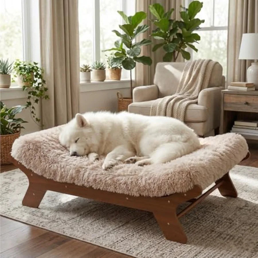 Wood Elevated Dog Bed Frame for Pets Up to 80 lbs          and Egg Crate Foam Mattress Luxurious Suitable f Walnut L