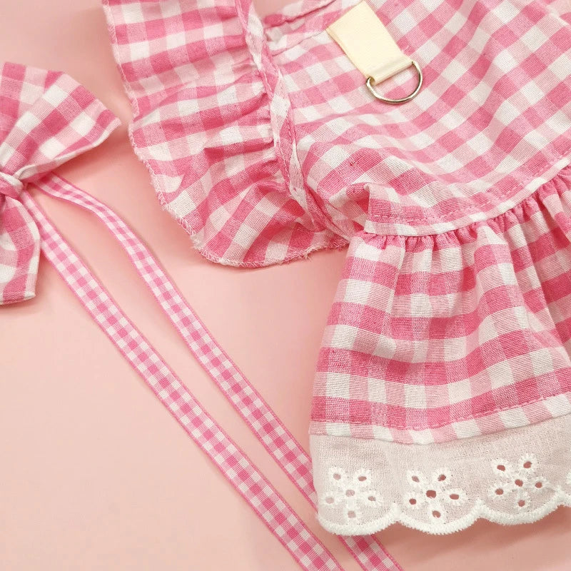 New Summer Cute Pink Plaid Rose Bubble Dog Skirt