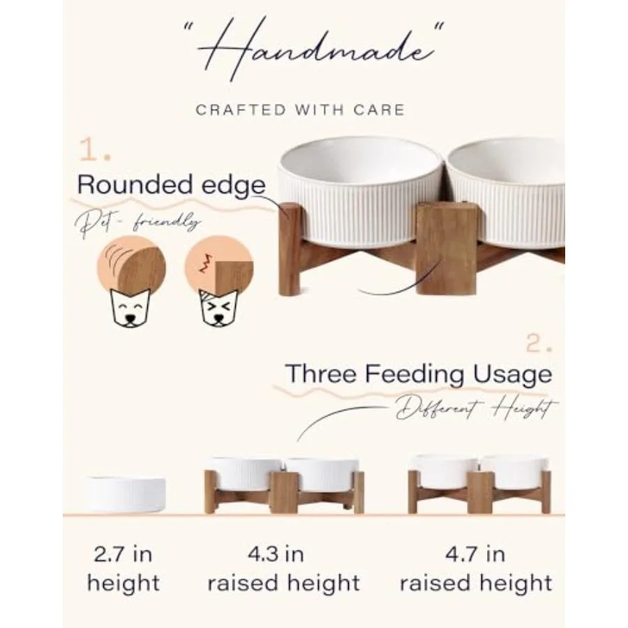 Ceramic Dog Bowls Set with Acacia Wood Stand