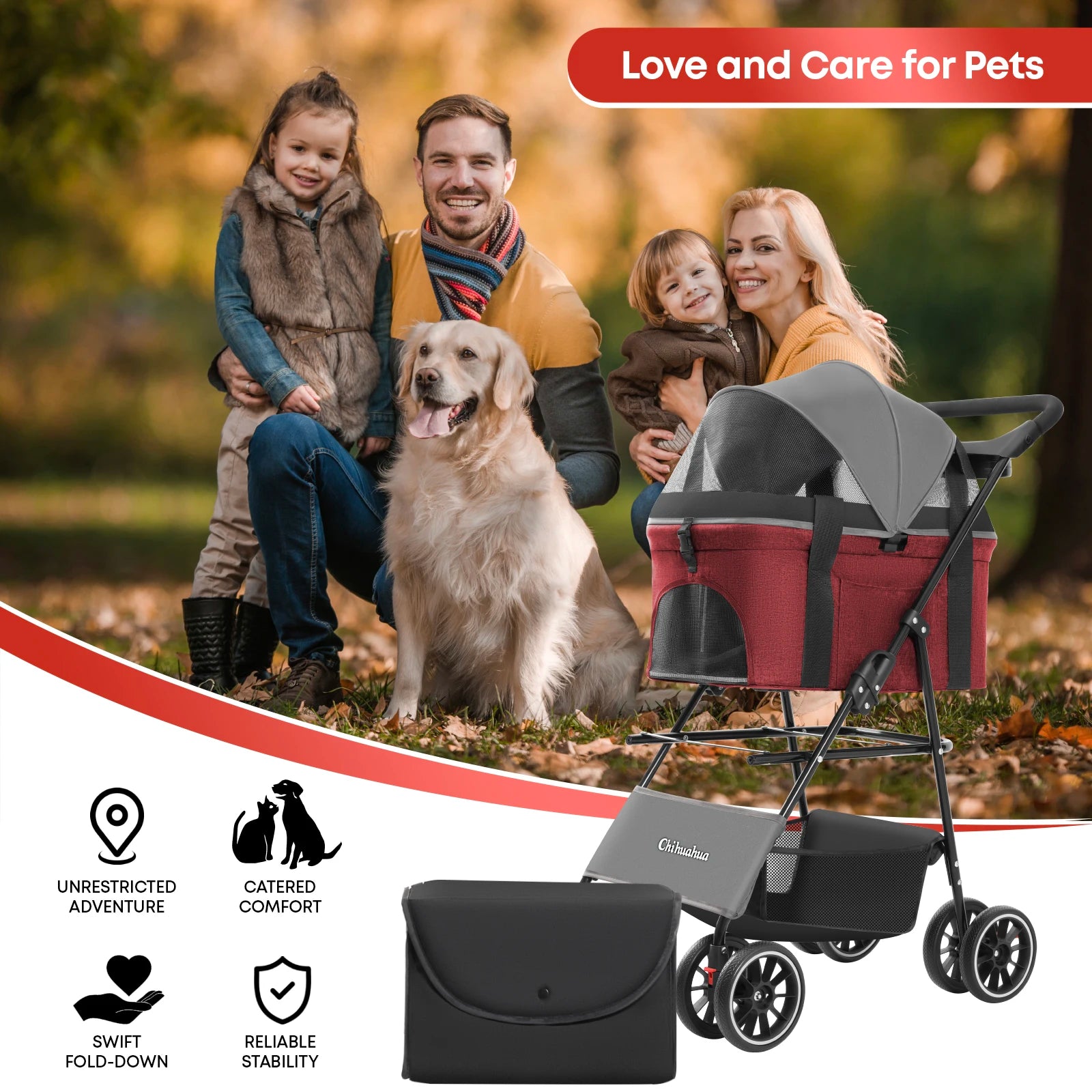 2-in-1 Foldable 4-Wheel Pet Stroller