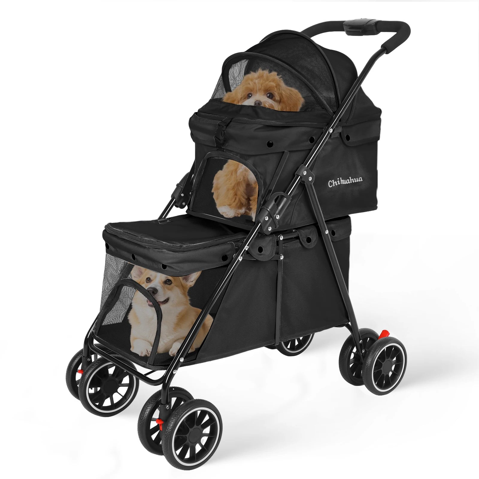 Double Pet Stroller with Detachable Carriers