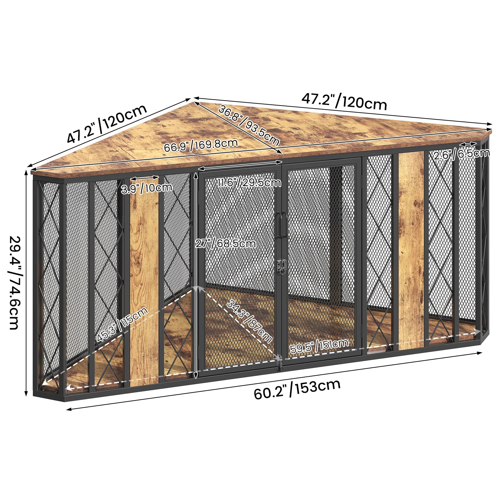 Large Decorative Dog Kennel Furniture, 66-Inch Corner Dog Crate