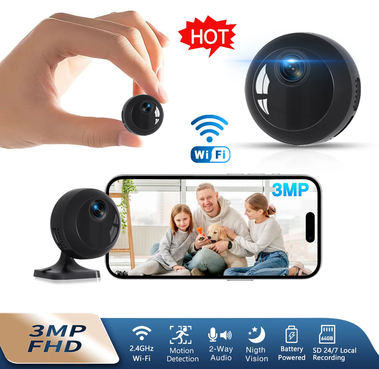Wi-Fi mini security camera, mobile app, and motion detection
